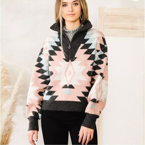 Hyfve Buckle Aztec Print Sweater 1/4 Zip - Picture 1 of 5